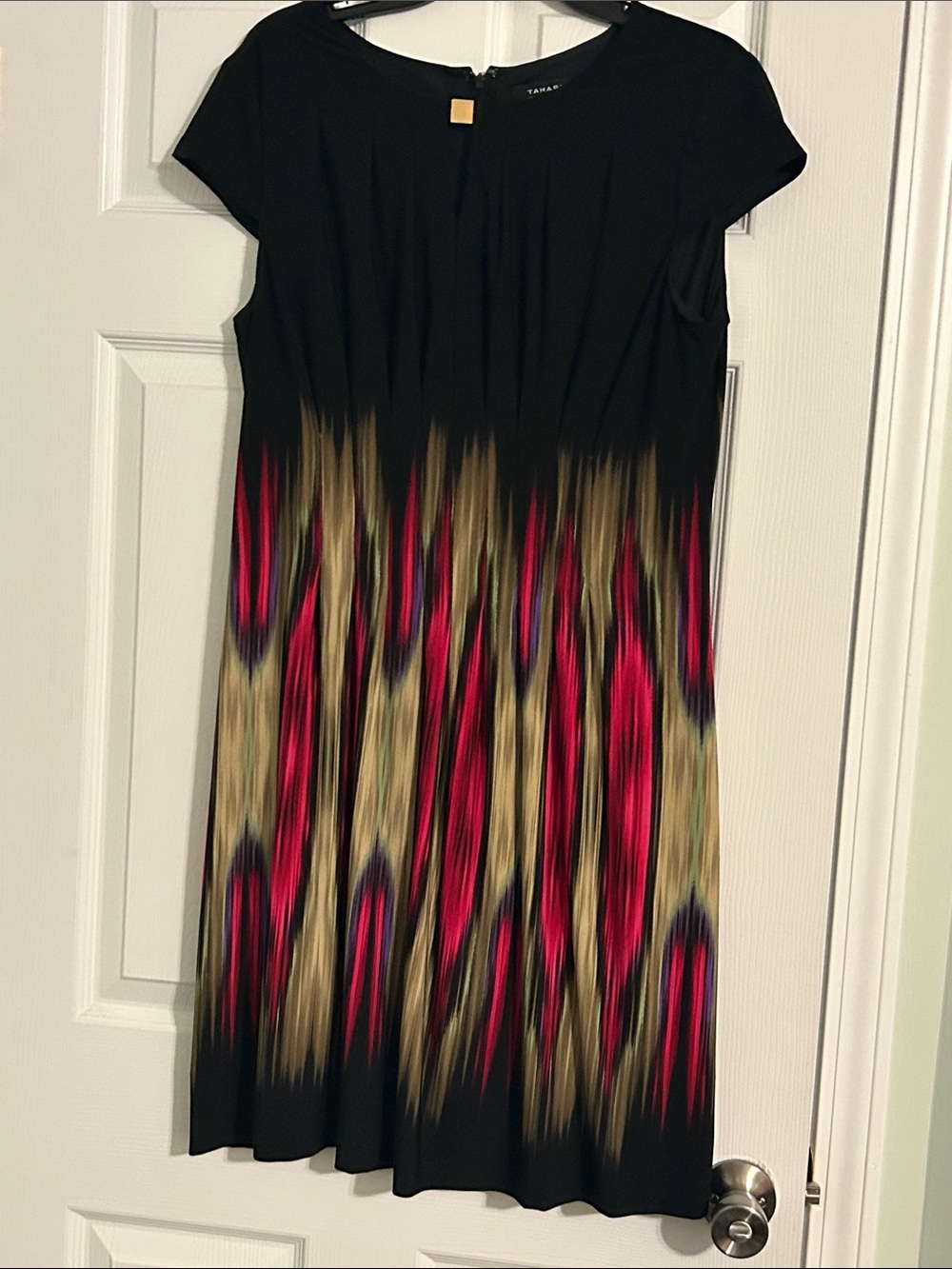 Black Midi Dress with Pink and Gold Ikat Print